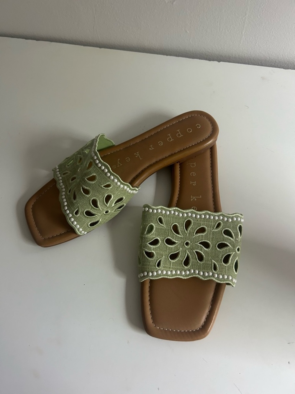 Copper Key Sage Green Cutout Slide Sandals with Bead Trim